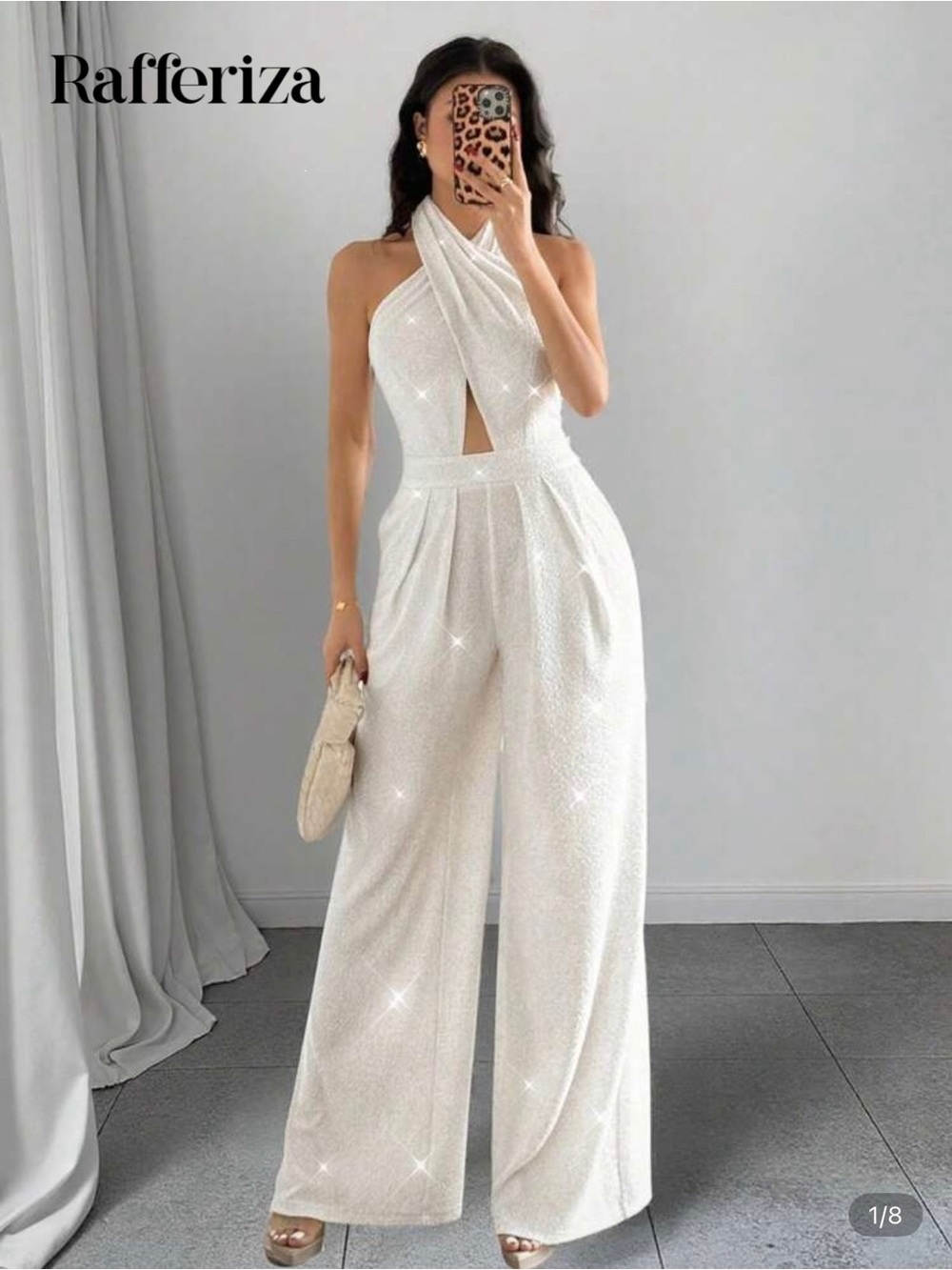 Women's White with Gold Metallic Finish Halter Wide-Leg Jumpsuit